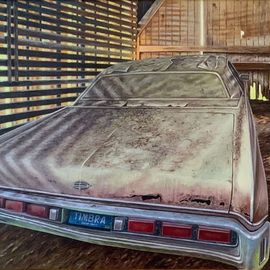 David Larkins: 'the corn crib', 2021 Oil Painting, Farm. Artist Description: While exploring a friends three barns, I came across a  73 Lincoln Continental in a corn crib. The reflected, diffused light bouncing around the dusty car caught my artistic attention.There were many Ground Hog tracks and a few holes inside the crib so I decided to add ...