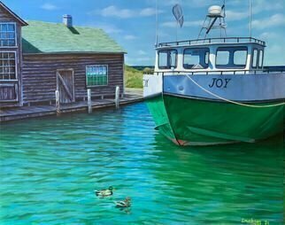 David Larkins: 'the joy of summer', 2021 Oil Painting, Boating. Leland or Fishtown is one of favorite places in Michigan The fish tug  Joy  docked after another days catch with Lake Michigan visible in the background.I loved painting the play of green and blue hues, it all helps to say that summer is here ...