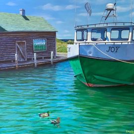David Larkins: 'the joy of summer', 2021 Oil Painting, Boating. Artist Description: Leland or Fishtown is one of favorite places in Michigan The fish tug  Joy  docked after another days catch with Lake Michigan visible in the background.I loved painting the play of green and blue hues, it all helps to say that summer is here ...
