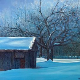 David Larkins: 'yooperland', 2021 Oil Painting, Americana. Artist Description: Winter in Michigan s Upper Peninsula, the cold crisp air in the morning after a fresh snowfall is captured with the blue cool hues bouncing around the old oak tree and shed. ...
