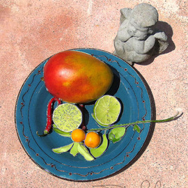 Debra Cortese: 'Blue Plate Mango Angel', 2008 Other Photography, Food. Artist Description:  Blue Plate Mango Angel is one of a series of photopaintings of a luscious mango posing with a variety of garden characters including a clay Shrek chia head, a garden gnome and the angel shown in this artwork. The series starts with the mango and ends with my ...