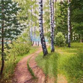 Dejan Trajkovic: 'track of the rising sun', 2019 Oil Painting, Landscape. Artist Description: Dusty road leading to the fresh blue lake. The heat of the summer is what I wanted to capture in this painting.Original artwork painted using high quality oil colors  Schmincke Mussini . Framed ready to hang. ...