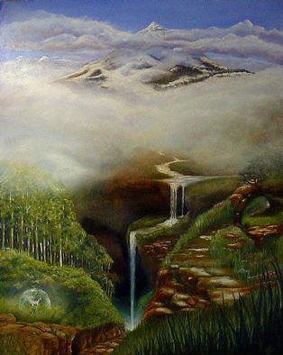 Devi Delavie: 'Cachee Vallee De La Vie', 2003 Acrylic Painting, Landscape. Hidden valley of life. Higher than high, deeper than deep, there only the ancient spirits creep....
