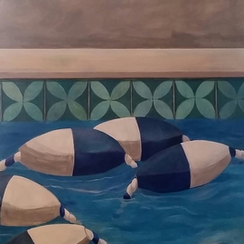 Denise Dalzell: 'Sunshine Terrace 2', 2016 Acrylic Painting, Representational. Artist Description: painting, sunshine terrace 2, illustration, expressionism, pop art, modern, realism, pool floats...