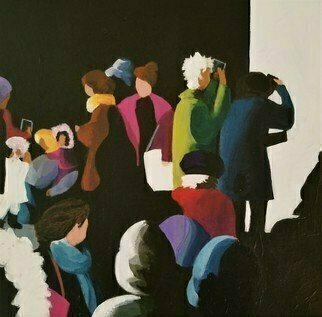 Denise Dalzell: 'conduit', 2020 Acrylic Painting, People. An illustrated scene of indoor visitors contemplating when to exit their environment...