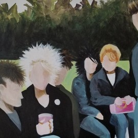 Denise Dalzell: 'emily', 2021 Acrylic Painting, People. Artist Description: A 1980s portrait of Emily, sitting in a park with friends. ...