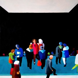 Denise Dalzell: 'landing', 2020 Acrylic Painting, Abstract. Artist Description: An illustration of travelers interacting as they  emerge from a public transit station. ...