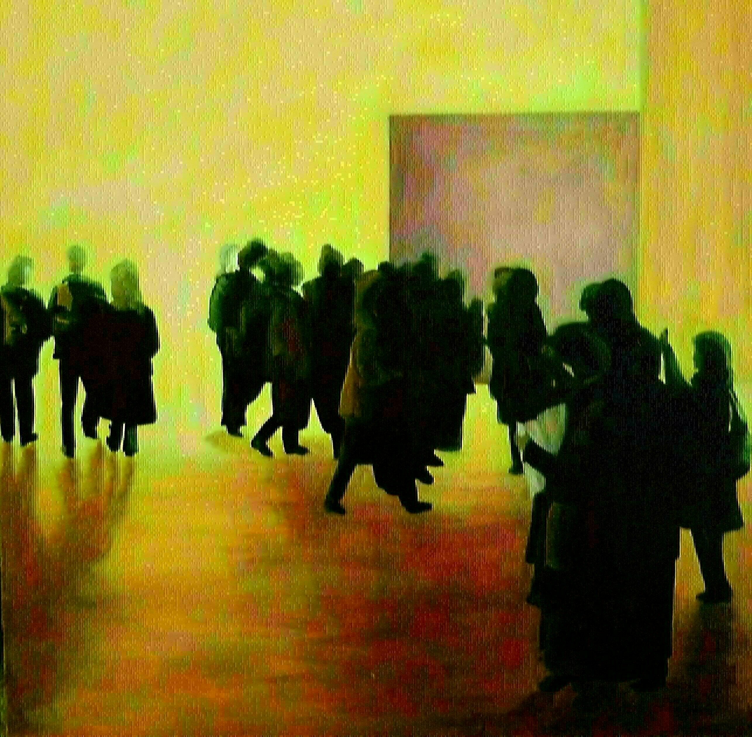 Denise Dalzell: 'linger', 2021 Acrylic Painting, People. Museum visitors lingering to visit after viewing an exhibit, London 2019. ...