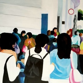 Denise Dalzell: 'outing', 2022 Acrylic Painting, People. Artist Description: An illustrated snapshot of returning to a bustling London street. ...