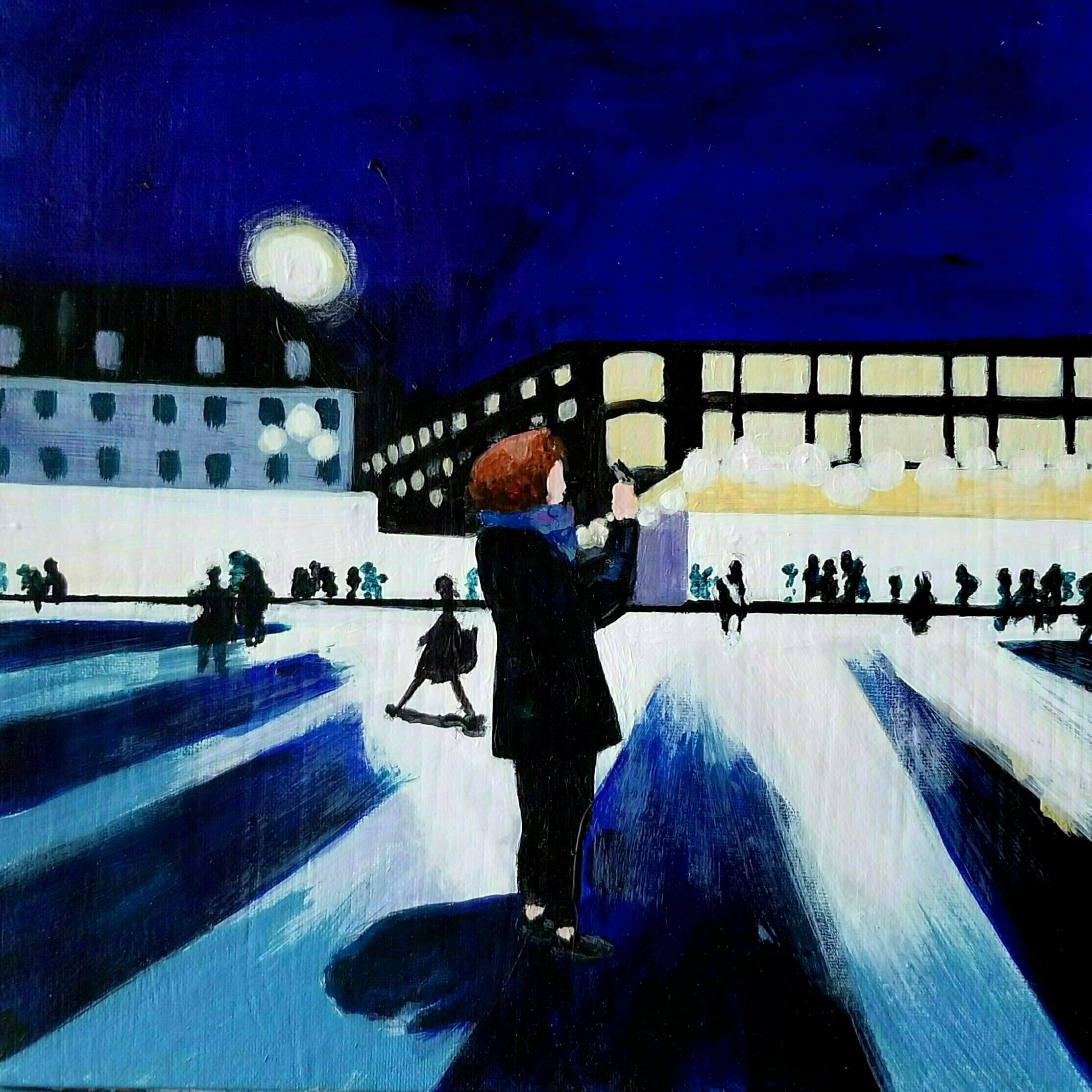 Denise Dalzell: 'outside san pancras', 2020 Acrylic Painting, People. A nighttime scene at San Pancras Station, London...