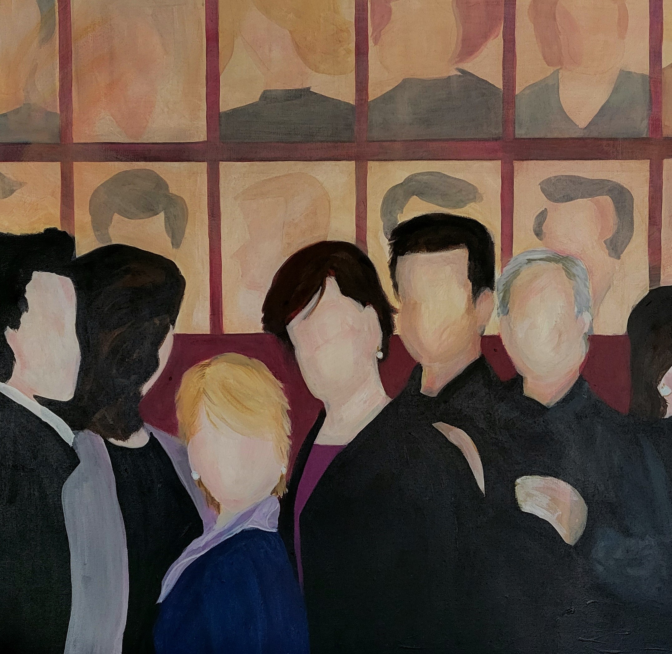 Denise Dalzell: 'pantomime', 2021 Acrylic Painting, People. A group posing after lunch, inspired by my first lunch in New York City, Autumn 1999. ...