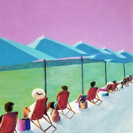 Denise Dalzell: 'parasols', 2022 Acrylic Painting, People. Artist Description: An illustrated portrait of travelers relaxing riverside. Not sure of country, Summer 2022. ...