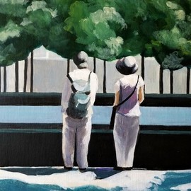 Denise Dalzell: 'ponder', 2021 Acrylic Painting, Peace. Artist Description: A portrait of a couple pausing at a memorial in New York City,  Summer 2019. ...