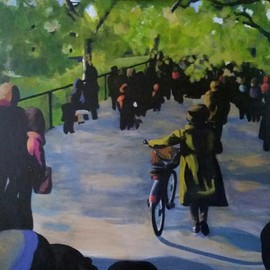 Denise Dalzell: 'queens walk', 2017 Acrylic Painting, People. Artist Description: painting, queens walk, illustration, expressionism, pop art, modern, realism, park, bicyclist...