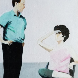 Denise Dalzell: 'their eyes met', 2022 Acrylic Painting, People. Artist Description: An illustrated portrait of a newly engaged couple, from a Spring in the 1960s. ...