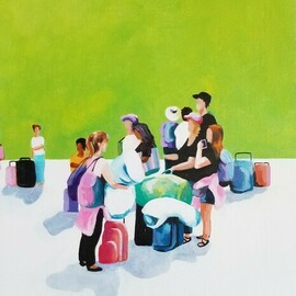 Denise Dalzell: 'travelers', 2022 Acrylic Painting, People. Artist Description: A group of travelers waiting to set out on their vacation, New Yrk City, Summer 2019...