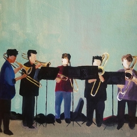 Denise Dalzell: 'trombonists', 2021 Acrylic Painting, People. Artist Description: A group of student musicians practicing outdoors, Los Angeles, Autumn 2021...