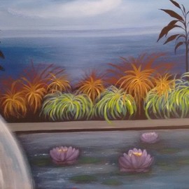 Denise Seyhun: 'garden view', 2017 Oil Painting, Botanical. Artist Description: Garden, poolside, lilies, waterfall, botanical...