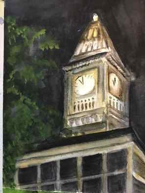 Deborah Paige Jackson: 'clock tower', 2020 Watercolor, Architecture. A scenery depicting a large clock on top of an office building. ...