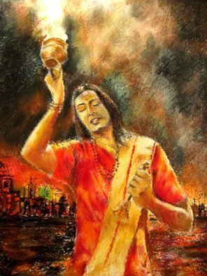 Parijat Dey: 'devotion', 2019 Pastel Drawing, Spiritual. A scene from Varanasi, pastel on handmade...
