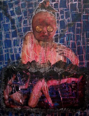 K Van Zwol: 'wishing well', 2007 Mixed Media, Outsider.  acrylic, oil pastel, photomontage, pocket change on canvas board ...