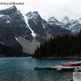 David Bechtol: 'Moraine Lake Canoes', 2013 Color Photograph, Landscape. Artist Description:  Photographic Panorama derived from multiple images. Part of the Canadian Rockies Series. Nikon D70. Museum- quality, Durst Lambda archival photograph mounted on Dibond Aluminum panel. UV- protective matte finish applied. Ready for hanging using the supplied cleat system. ...