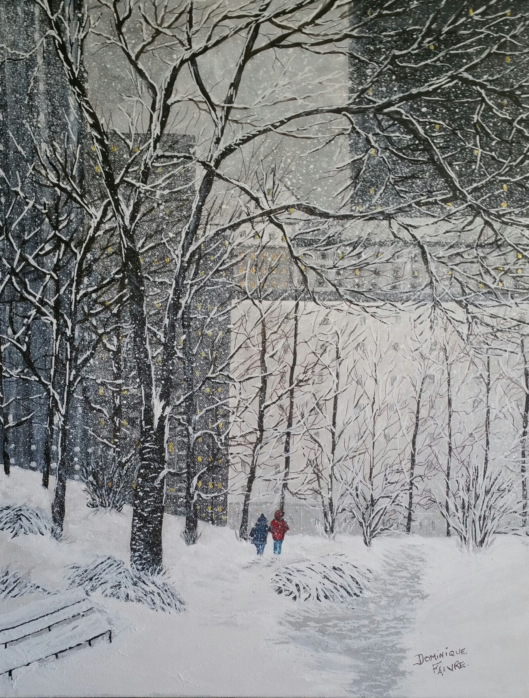 Dominique Faivre: 'Snowing park in the city', 2022 Acrylic Painting, Cityscape. A snowing winter...