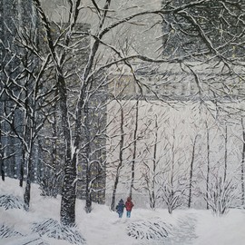 Dominique Faivre: 'Snowing park in the city', 2022 Acrylic Painting, Cityscape. Artist Description: A snowing winter...