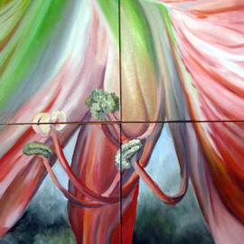 Donna Gallant: 'Amaryllis', 2008 Oil Painting, Floral. Artist Description:  Part of the series UP CLOSE AND PERSONNEL, this piece portrays the amaryllis.  Soft pinks and green intermngle creating a very lust and inviting image. It is actually created on 4 16 x 20 canvases and are put together to create the image. ...