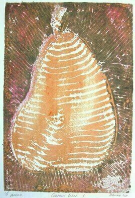 Donna Gallant: 'Contour lines 1', 2008 Monoprint, Still Life.  This print follows the curves on the pear with contour lines. Rich with texture and color. ...