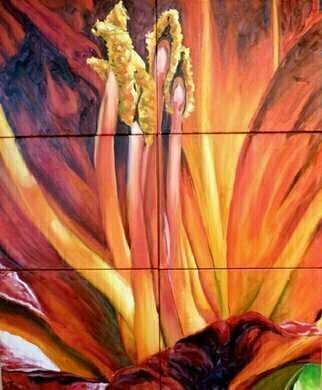 Donna Gallant: 'Fire Lily', 2011 Oil Painting, Floral.      Another piece from the artist's floral series.  Exploring and examming the internal aspects of a flower.  Sumbollic of one' s life, each piece are painted on smaller panels, then assumbled into one large piece and thus creating the whole.     ...