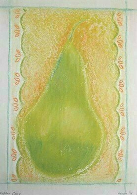 Donna Gallant: 'Kitchen pear', 2008 Monoprint, Still Life.  This print reminds one of a kitchen because of the pattern used on the edge.  Wonderful textures and definately kitchen colors. ...