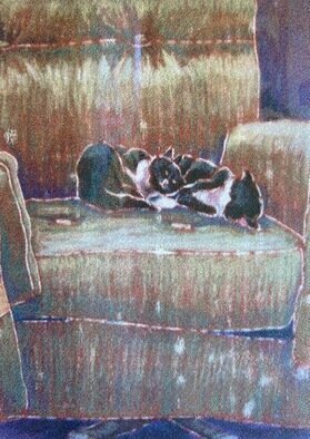 Donna Gallant: 'a pair', 2000 Mixed Media, Animals. Based on two kittens sleeping on a chair. This was created with coloured pencil layered onto of a base mono print. ...