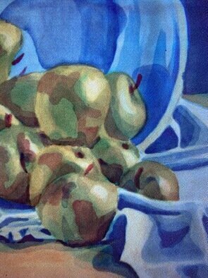 Donna Gallant: 'apples and blue bowl', 1988 Watercolor, Still Life. Again a piece dealing with various on a theme. Contrast and composition are important. ...