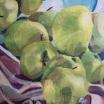 green apples on pink cloth By Donna Gallant