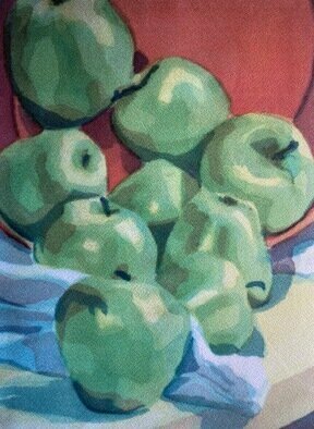 Donna Gallant: 'green on pink', 1988 Watercolor, Still Life. A play with colour and shapes, this Apple piece also deals with composition. Contrast is key. ...