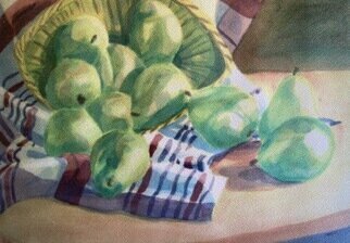 Donna Gallant: 'green pears', 1987 Watercolor, Still Life. This piece plays with composition and is unified by colour scheme. It offers a variety in shape and texture. ...