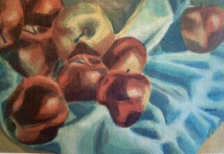 Donna Gallant: 'red apples on blue cloth', 1988 Watercolor, Still Life. Contrast and composition are the focus in this piece. A good example of variation on a theme...