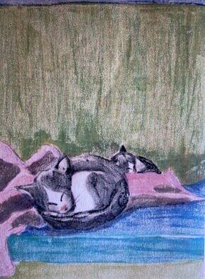 Donna Gallant: 'sleeping kittens', 1987 Monoprint, Animals. Working with the sleeping cats and kittens provides a homey atmosphere and these active little creatures cab crash as fast as they can wake. This a very colourful piece and lively just like the two black and white kittens are. ...