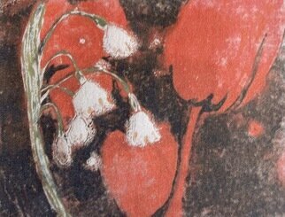 Donna Gallant: 'snowdrops 2', 2009 Monoprint, Floral. Red tulips with little white snowdrops. Big and little, light and dark are a play with the composition. ...