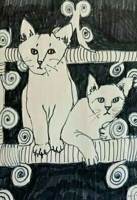Donna Gallant: 'white cats', 2005 Ink Drawing, Animals. Abstracted cats with a play on balance and design. ...