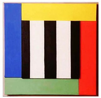 Jerry Reynolds: 'Primary Eveloution', 1988 Acrylic Painting, Abstract.  This formalist painting explores the evolution of the idea of primary colors from a black and white beginning to the modernist addition of green. ...