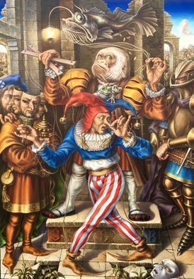 Alexander Donskoi: 'classified stupidity', 2016 Oil Painting, Surrealism. i? 1/2Classified Stupidityi? 1/2, oil on canvas 168cm x 117cmi? 1/2First of all the composition, color are absolutely greatBackground in medieval period that connects the background tothe foreground in which the painting tells the story.  The ruins of thepast acts like a strong reminder of past history in which we seem tohave...