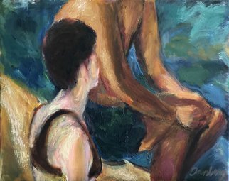 Bob Dornberg: 'at the pool', 2020 Oil Painting, Abstract Figurative. Young girl talks to Pool Guard...