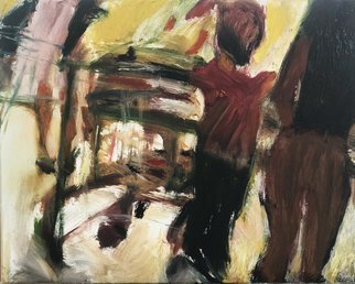 Bob Dornberg: 'red shirt', 2020 Oil Painting, Abstract Figurative. BOY PUSHING CART...