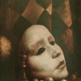 Doru Cristian Deliu: 'prima poveste cautand echilibrul', 2015 Oil Painting, Still Life. Artist Description: arlequin, black, white, mask...