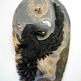 Depree Shadowwalker: 'Ravens Gift', 1999 Ceramic Sculpture, Ethnic. Artist Description: Raven and Humming Bird dance in the dawn our solar system' s planets alignment that happened in the last decade.Raven' s gift to the world is the sun. Raven reminds us that in blackness everything is the same, only when we create and bring forth our gifts ...