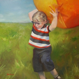 Dorothy Siclare: 'Determined', 2011 Oil Painting, Figurative. Artist Description:  This award winning painting depicts a little boy lifting a beach ball over his head.  It's very big he' s very small. He' s very determined. ...