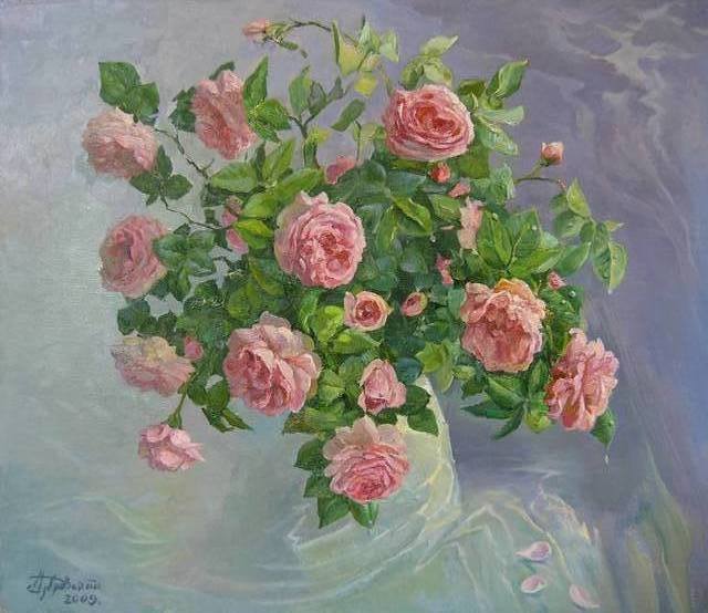 Aleksandr Dubrovskyy  'Roses Tea Roses Bouquet', created in 2009, Original Painting Oil.