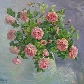 Aleksandr Dubrovskyy: 'roses tea roses bouquet', 2009 Oil Painting, Magical. Artist Description: Painting Oil on Canvas.  The picture is painted in the open air.  The picture is painted on canvas with oil paints.  Responsible for the quality of each of my paintings.  I am sending a picture of a well- packed in a cardboard or plastic box with plastic foam....